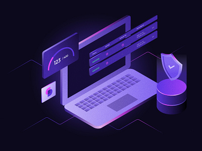 Protected web interface gradient illustration interface isometric neon protect safe vector web