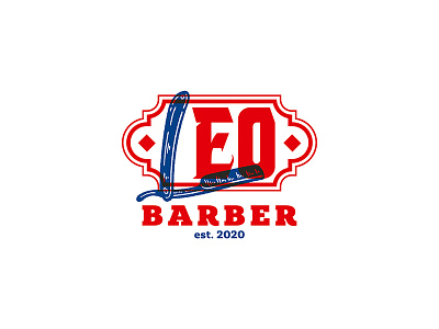 Leo Barber Shop Logo barber barber logo barber shop barbershop beard blue frame hair hygiene logo logodesign logodesigner moustache moustaches razor red shaving