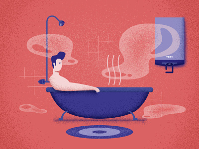 Hot Bath bath bathroom boiler carpet hair hot illustration man noise pink pipe pipes purple relax relaxation rug shower steam tub vector