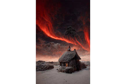 Hut under a fiery sky