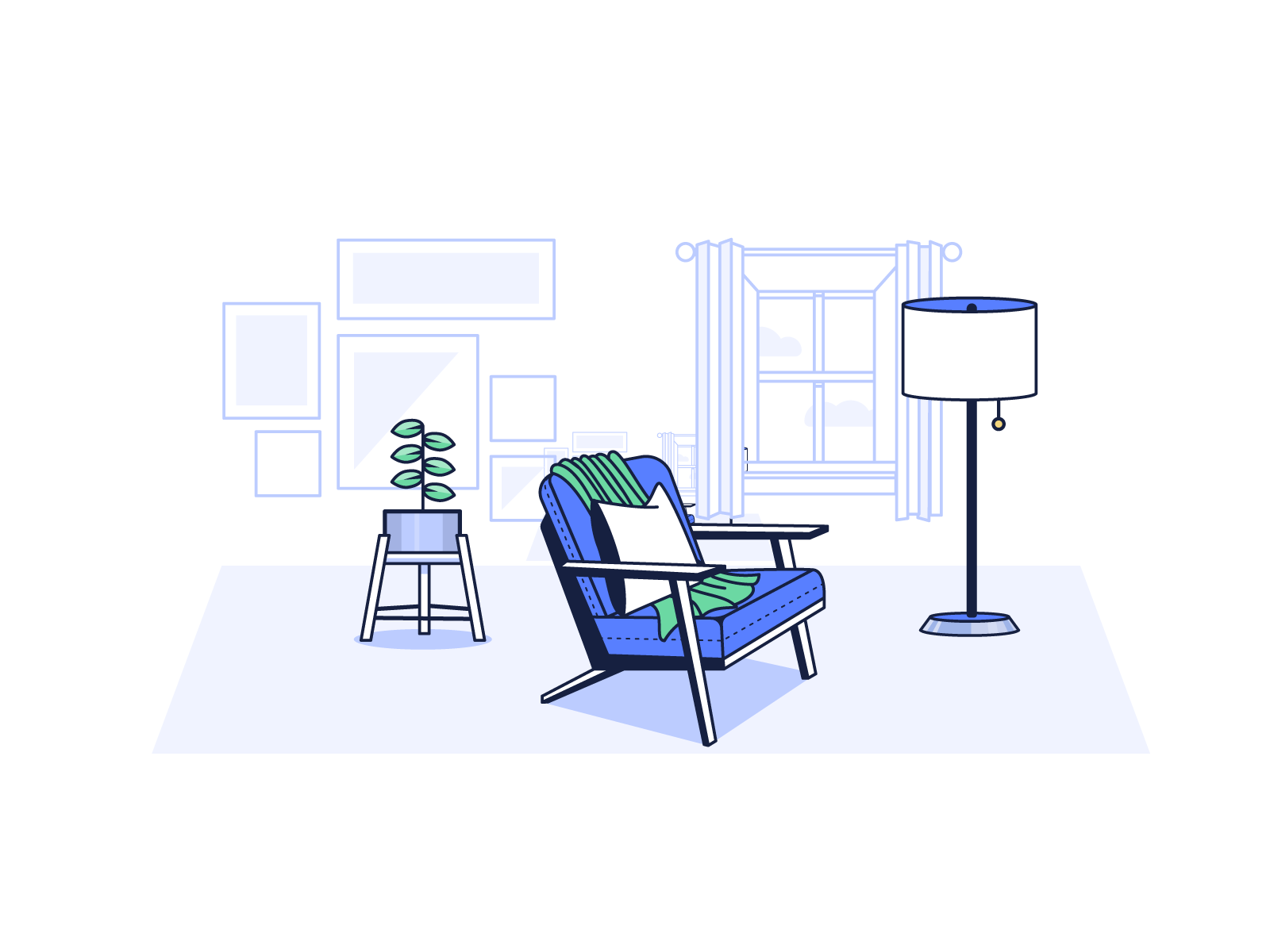 living room chair concept food icon illustration lamp living room plant spot illustration vector