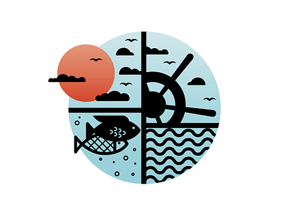 Ocean boat clouds fish fishes icon illustration nautical sailing saltwater sun vector water