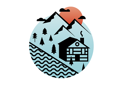 Log Cabin icon illustration mountains outdoors spot illustration sunset travel trees vector water wood