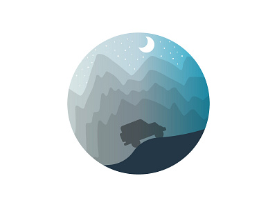 Mountains circle icon illustration jeep landscape moon night scenery spot illustration stars vector