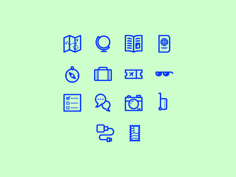 Travel Icon Set navigation luggage checklist charger camera sunglasses passport globe map spot illustration icon vector