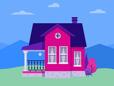 Pink House building home house icon iconography illustration sky trees vector windows