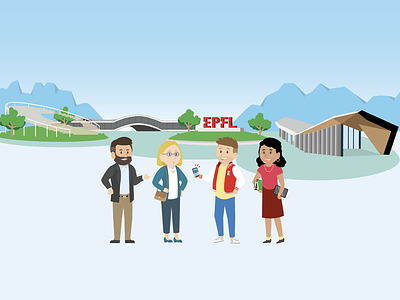 EPFL 50th Anniversary illustration for DHI architecture characters colorful epfl flat illustration landscape mountains switzerland university