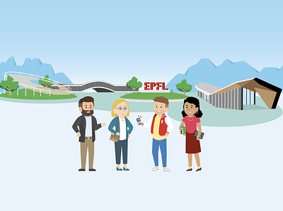 EPFL 50th Anniversary illustration for DHI architecture characters colorful epfl flat illustration landscape mountains switzerland university