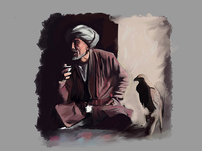 Drinking Tea with the Falcon Master digital exotic falcon illustration ipad pro middle east old man painting procreate turban