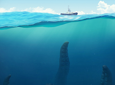 Water beast 3d 3dsmax art boat concept deep sea giant marine monster octopus render sea tentacles water
