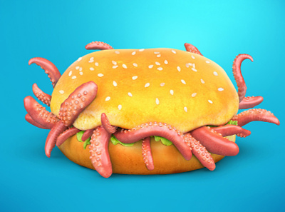 Octo burger 3d 3dsmax art burger cartoon colorful concept fastfood food monster octopus realistic render sea tentacles
