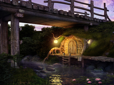 Home troll 3d 3dsmax art bridge build concept fairy home light nature night old realistic render river summer tale troll