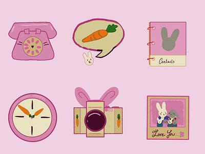 Cute pink rabbit themed phone icons apps art bunny camera carrot contacts cute graphic design icon illustration kawaii lunar new year mobile notes phone pink rabbit text ui vector