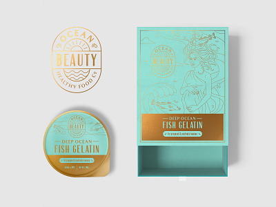 Logo and packaging design for gelatin supplement box drawing fish food gelatin monoline ocean pregnant sea woman