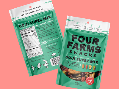 Four Farms - logo and goji mix package almond farm goji hand drawn illustration nut organic snack