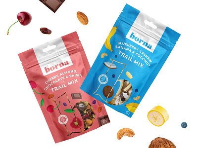 Packaging design for trial mixes almond banana blue bright cashew cherry flat art fun graphic design mix nuts pink pouch