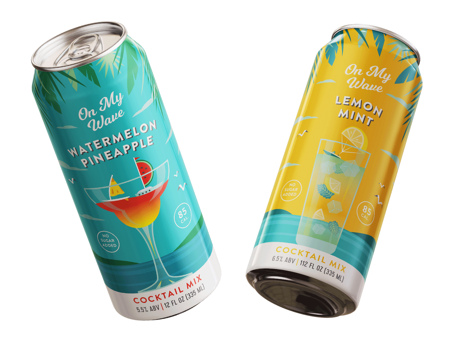 Unused concept for cocktail mixes 2 bottle can cocktail flat art graphic design illustration label lemon mint mix ocean sea tropic watermelon
