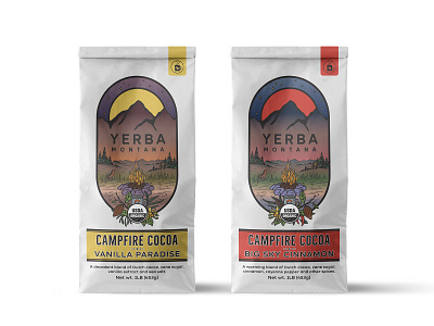 Packaging design for cocoa blends bear campfire cocoa craft drawing drink fox graphic design landscape matte mountain organic packaging vintage yerba