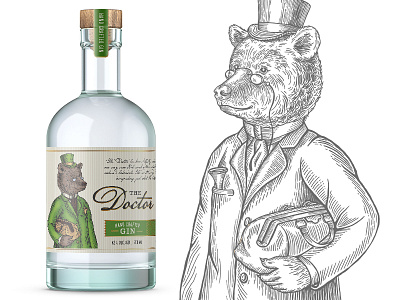 Label for GIN "The Doctor" doctor drink gin green handdrawn spirit vintage