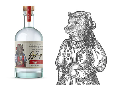 Label for GIN "The Gypsy" bottle drawing drink gypsy illustration spirit vintage