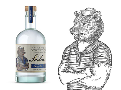 Label for GIN "The Sailor" bear bottle drawing drink illustration sailor spirit vintage