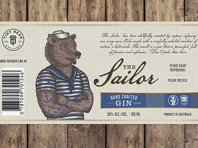 Label for GIN "The Sailor" - whole label bear bottle drawing drink illustration sailor spirit vintage