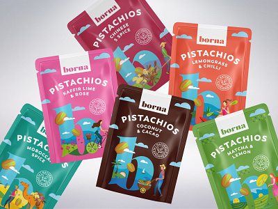 Packaging for a range of flavoured nuts - all flavors drawing flat art illustration nut organic package pistachio pouch