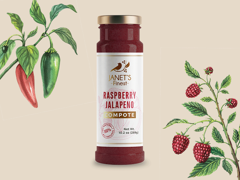 Label and illustrations for luxury compote brand berry compote illustration jalapeno jam jar label minimalistic natural watercolor white