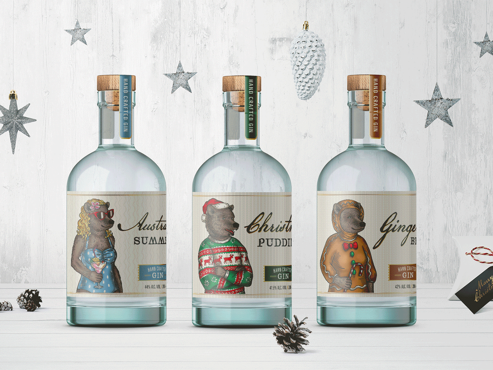 Christmas Labels for Australian Gin bear bottle christmas drink gin illustration label spirit vintage