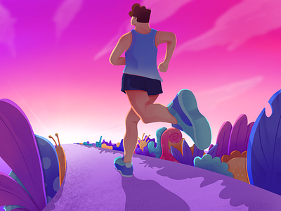 Running flat home page illustration jogging landscape modern pink run running sports sunset web