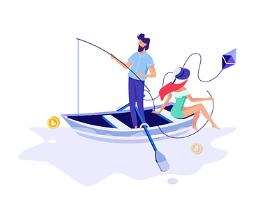Couple bitcoin boat business team catching fish cryptocurrency design girl illustration