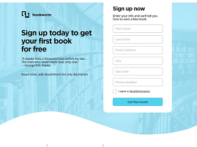 BookWorm Landing Page adobe xd blue book books bookworm branding design landing landing page landing page logo reading app typography ui worm