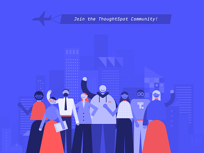 ThoughtSpot Community airplane character characterdesign city community data digital illustration illustration launch modern city people people design people illustration thoughtspot