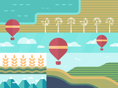 Earth Day balloons bird cloud clouds digital illustration earth earth day graphic harvest hills hot air balloon illuatration land mountain nature ocean sky wheat windmill