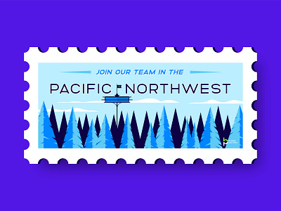 Join us in the PNW blue clouds digital illustration forest graphic hiring illustration join logo pnw postcard postcard design seattle stamp tree vector