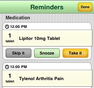Drughub - Reminders screen