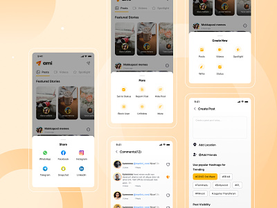 Ami - Social Networking App - Create, Share, Add comments UI add comment create create post mobile app design product design share ui ux