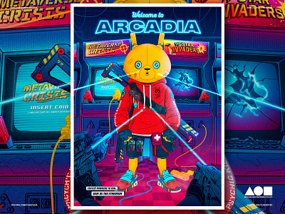 Welcome to Arcadia arcade bad blockchain branding character cyberpunk digital ethereum games gaming illustration mad metaverse nft play poster vectorart