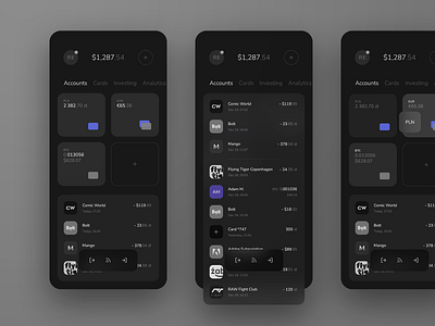 Financial App Concept accounts android app bank bitcoin black crypto currency dark design exchange finance ios iphone layout list simple ui ux wallet