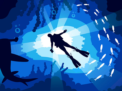 Illustration Scuba-diving with Shark 🦈 blue cartoon character digital art dribbble graphic design illustration scubardiving shark