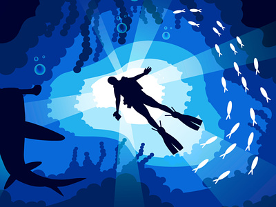 Illustration Scuba-diving with Shark 🦈 blue cartoon character digital art dribbble graphic design illustration scubardiving shark