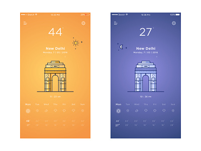 Weather App app card day night debut delhi illustration india gate moon sun temperature weather