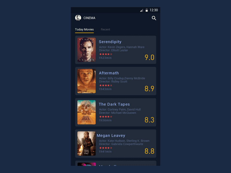 movie app black and gold card loading logo project select ui