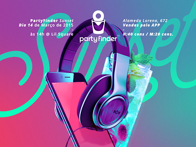PartyFinder - Sunset app branding drink festival flyer headphone minimalist music nightlife party app