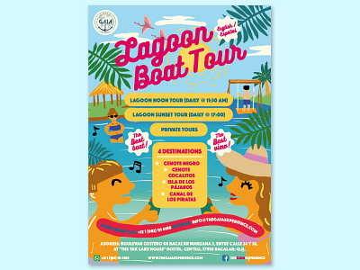 Lagoon Boat Tour color illustration lagoon mexico poster print promo tourism tropical