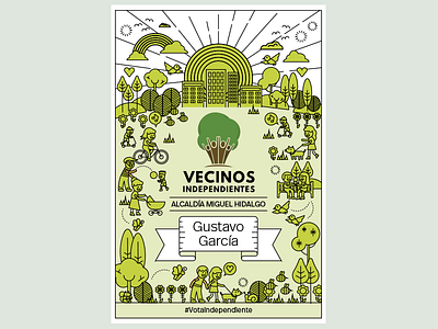 Vecinos Independientes color illustration mexico monoline park poster print promo tree