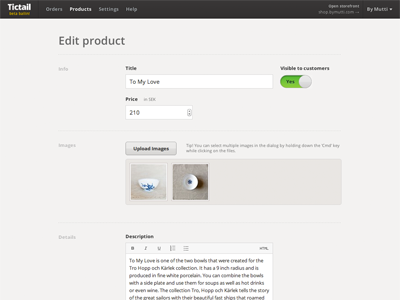 Edit Product View minimal product tictail ui