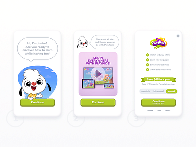 PlayKids App Fast Onboarding app core animator educational fast figma flow kids mobile onboarding plans playkids puppy subscription