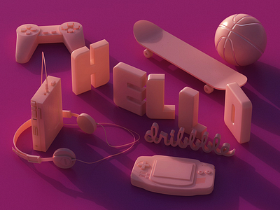 Hello Dribbble! 3d 80s cinema4d debut gameboy hello pink render retro skate type vintage