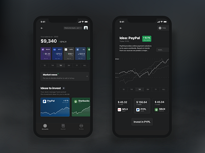 Investment app interface app dark dark app design invest investment ios iphone stocks ui